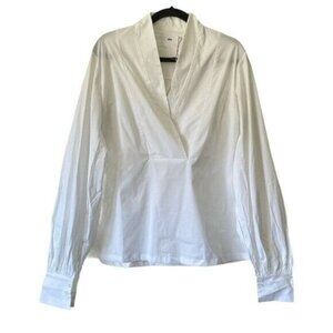 Zhu Size S White V-Neck Puff Sleeve Popover Blouse Pullover Shirt Relaxed Fit